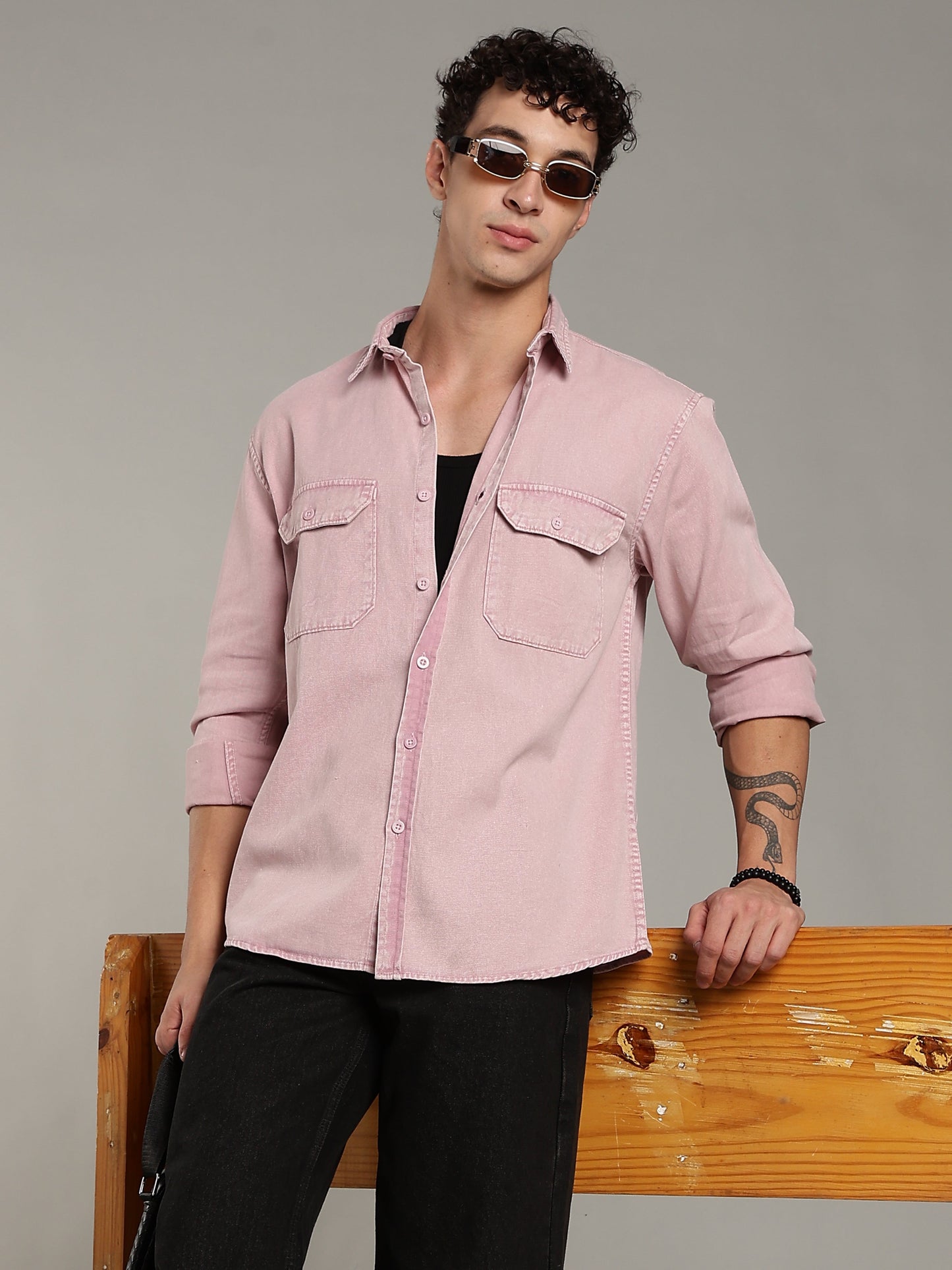 Double Flap Pocket Shirt- Relax/Baggy Fit - Pink