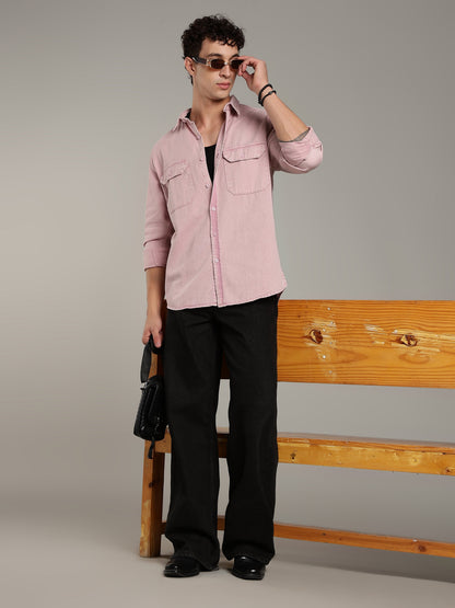 Double Flap Pocket Shirt- Relax/Baggy Fit - Pink