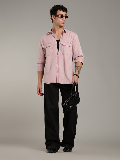 Double Flap Pocket Shirt- Relax/Baggy Fit - Pink