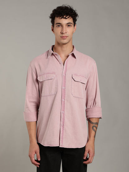 Double Flap Pocket Shirt- Relax/Baggy Fit - Pink