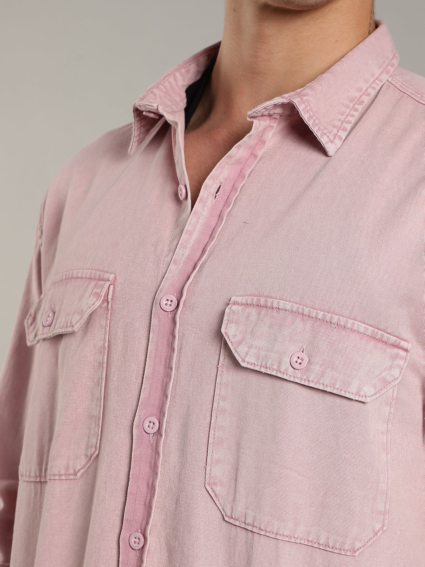 Double Flap Pocket Shirt- Relax/Baggy Fit - Pink