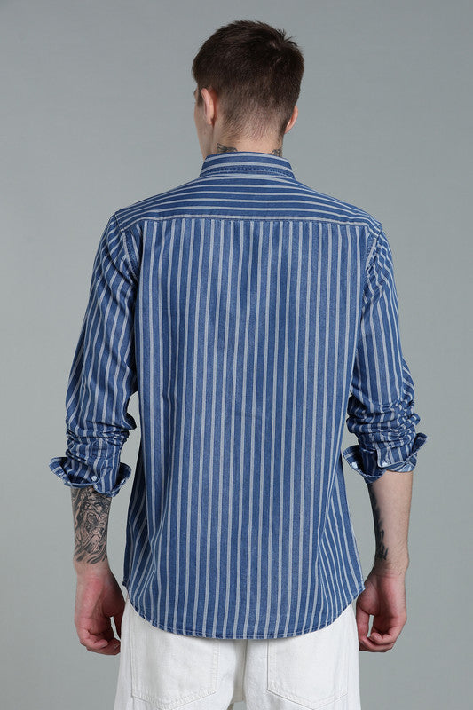 Kuons Avenue Men's Medium Blue Wash Striped Denim Casual Shirt
