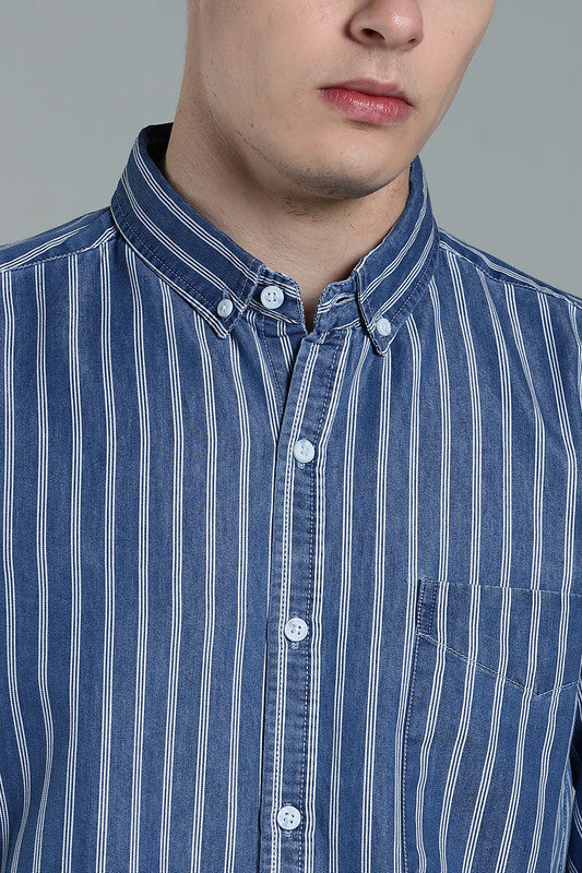 Kuons Avenue Men's Medium Blue Wash Striped Denim Casual Shirt