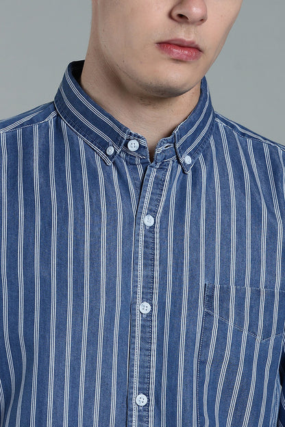 Kuons Avenue Men's Medium Blue Wash Striped Denim Casual Shirt