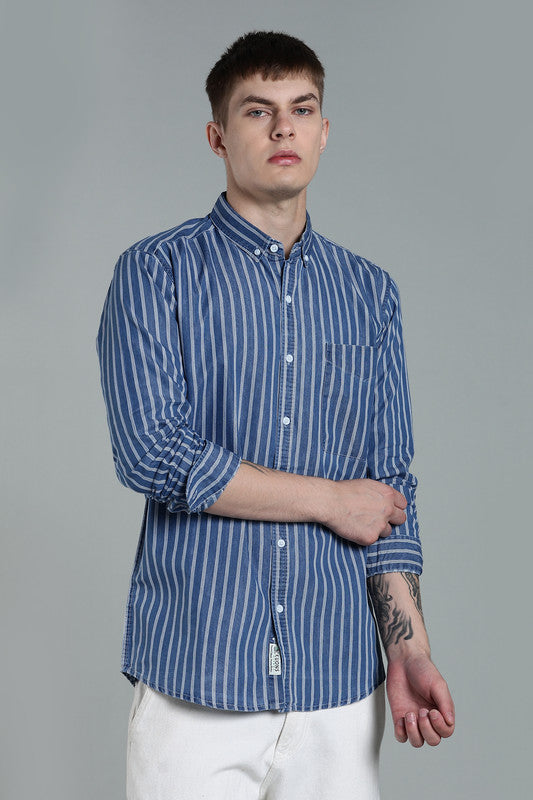 Kuons Avenue Men's Medium Blue Wash Striped Denim Casual Shirt