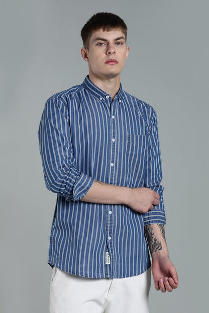 Kuons Avenue Men's Medium Blue Wash Striped Denim Casual Shirt