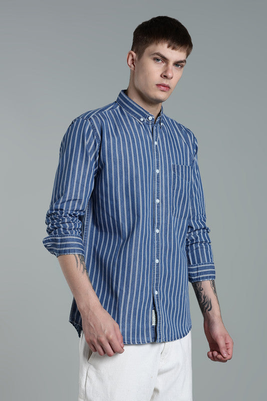 Kuons Avenue Men's Medium Blue Wash Striped Denim Casual Shirt