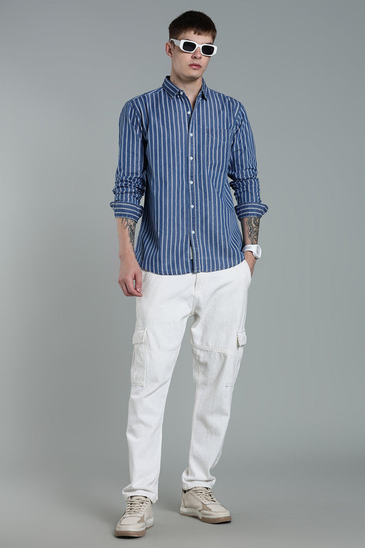 Kuons Avenue Men's Medium Blue Wash Striped Denim Casual Shirt