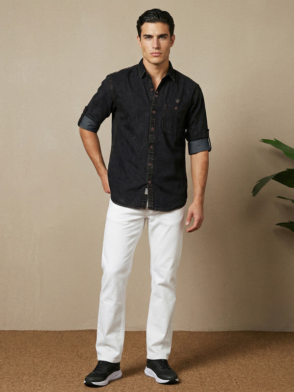 Kuons Men's Washed Black Denim Casual Shirt