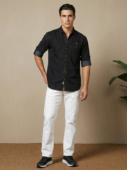 Kuons Men's Washed Black Denim Casual Shirt