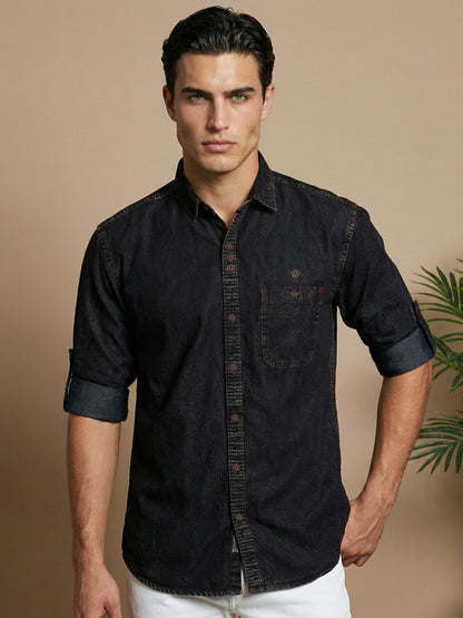 Kuons Men's Washed Black Denim Casual Shirt