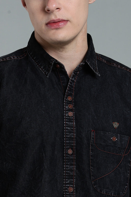 Kuons Men's Washed Black Denim Casual Shirt