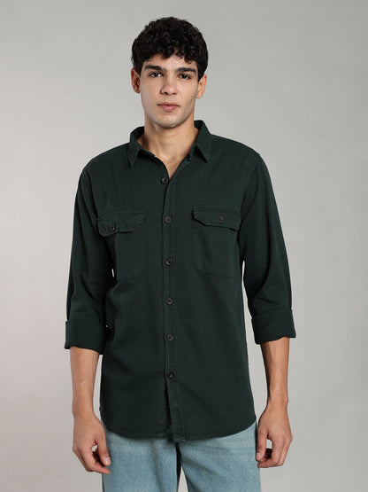 Deep Green Cotton Shirt | Regular Fit