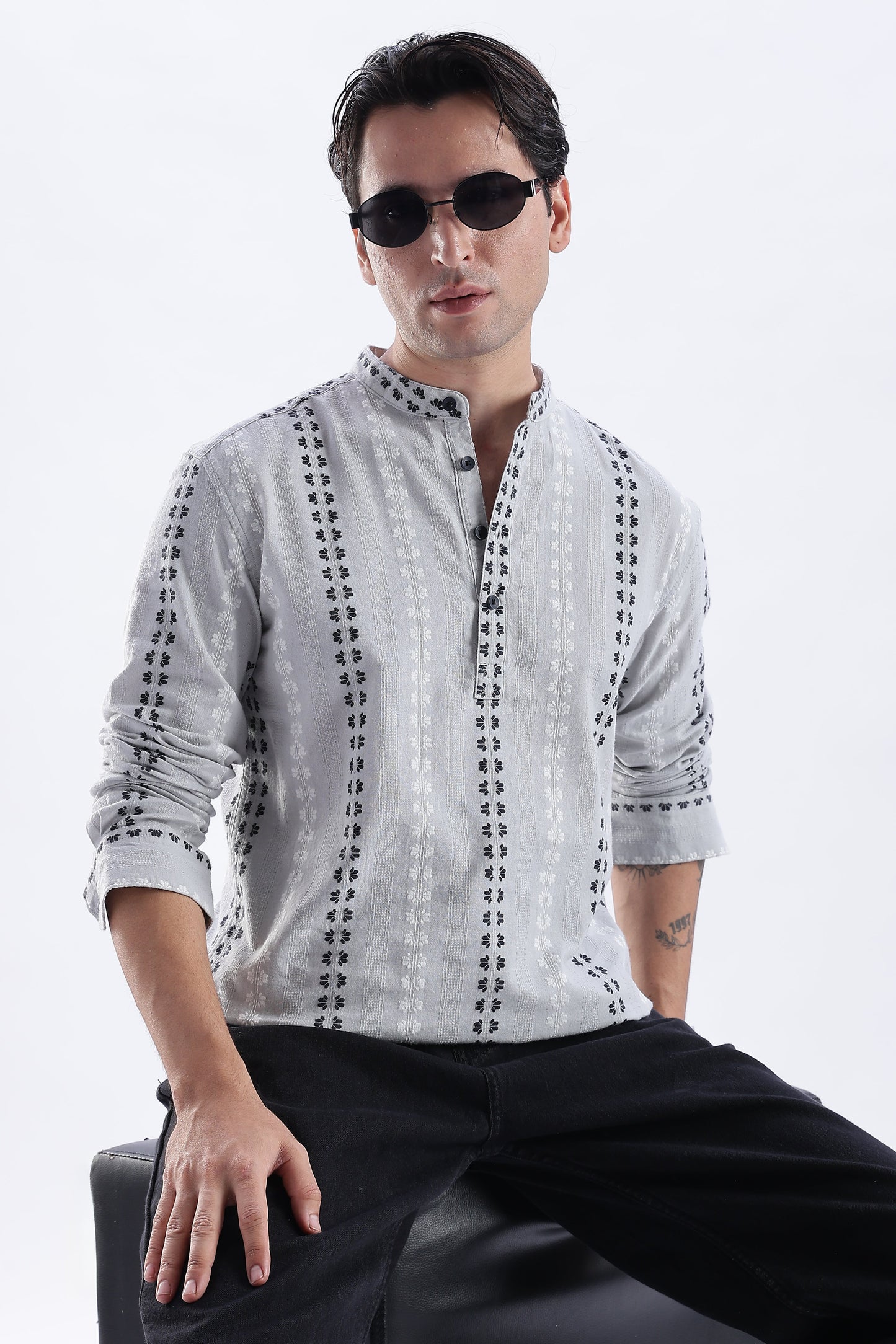Uri Charcoal Dobby Motif Short Kurta Uri