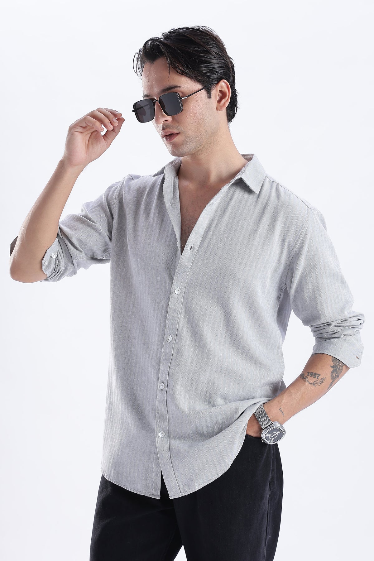 Uri Ash Grey Herringbone Cotton Shirt Uri