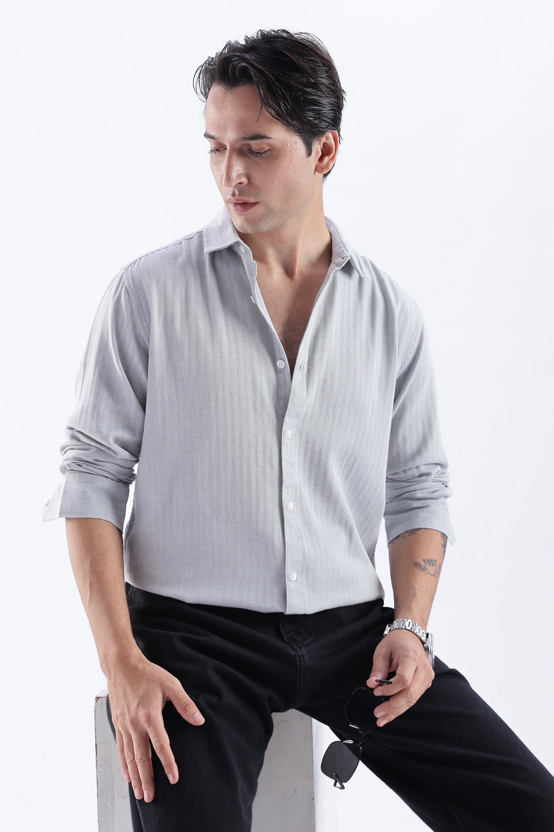 Uri Ash Grey Herringbone Cotton Shirt Uri