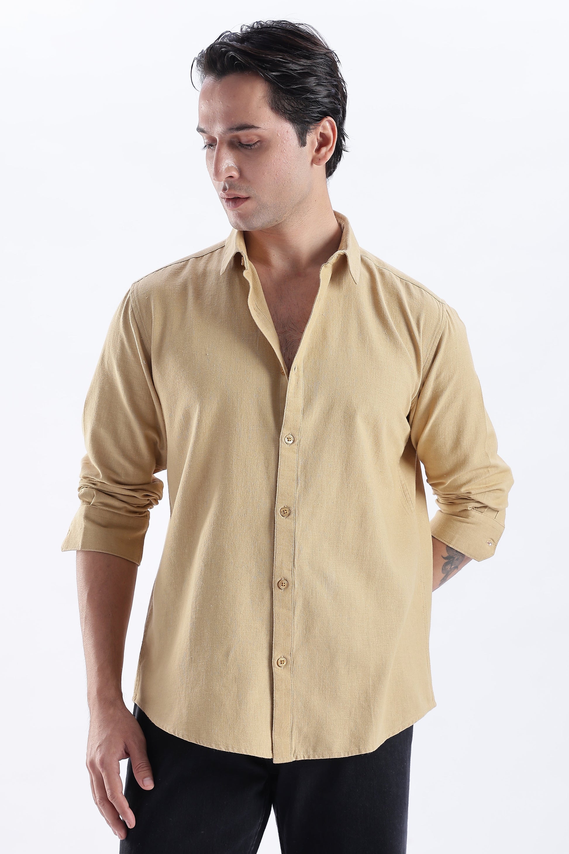 Uri Taupe Spread Collar Solid Shirt Uri