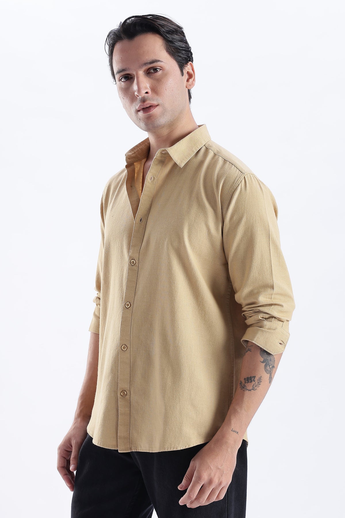 Uri Taupe Spread Collar Solid Shirt Uri