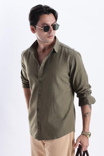 Uri Deep Olive Spread Collar Solid Shirt Uri