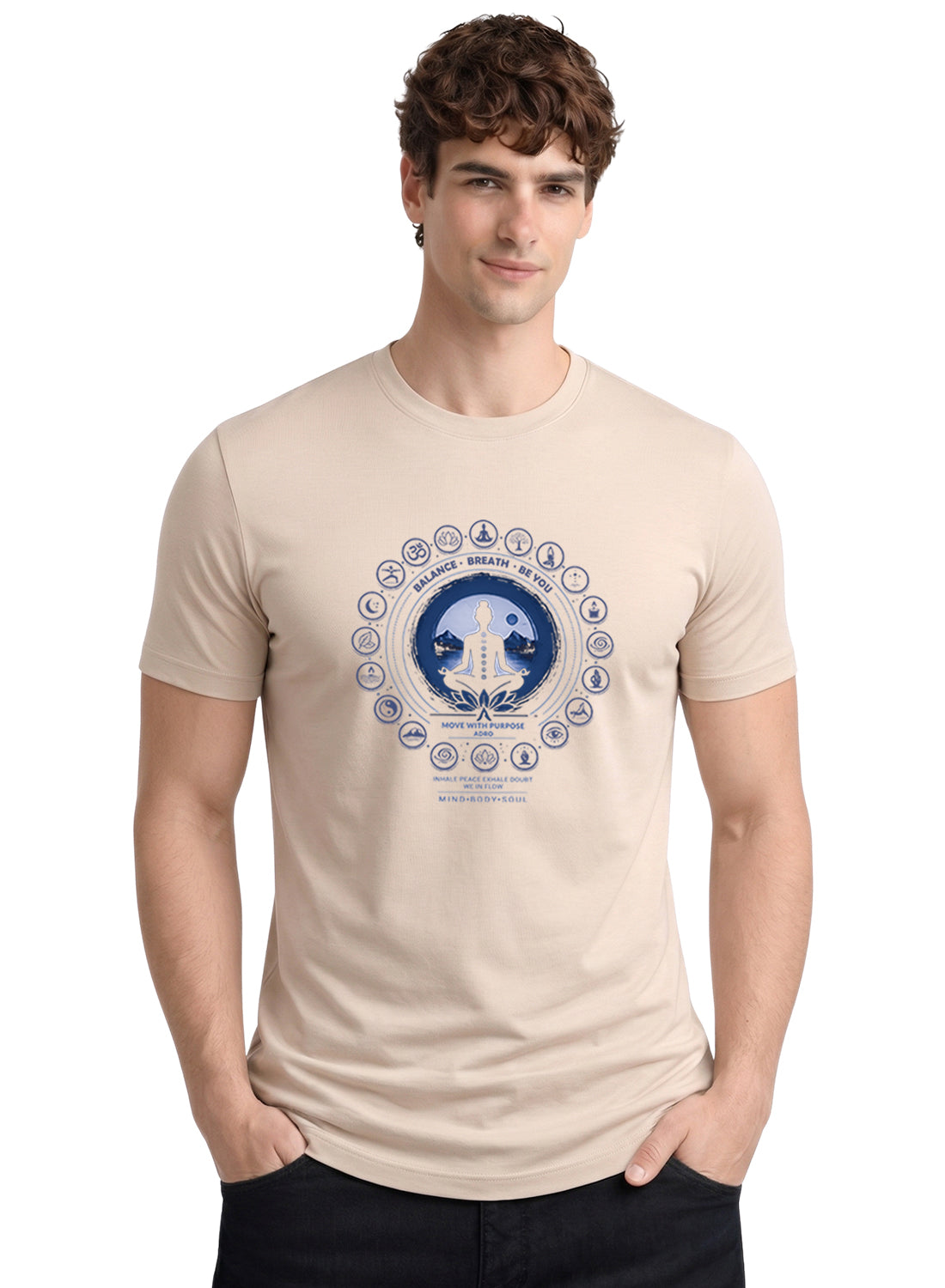 ADRO Yoga T-Shirt for Men | Mandala Printed Cotton Tshirt | Regular Fit Casual T-Shirts | Premium Summer Tshirts Beige