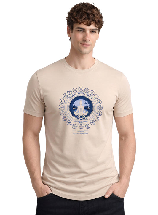 ADRO Yoga T-Shirt for Men | Mandala Printed Cotton Tshirt | Regular Fit Casual T-Shirts | Premium Summer Tshirts Beige