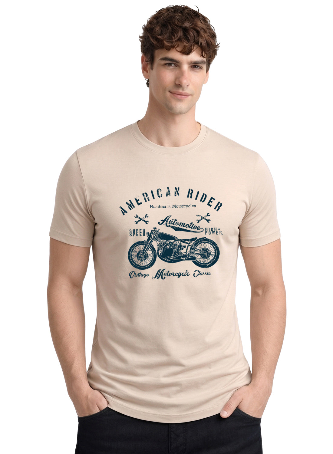 Adro Mens American Rider Printed T-Shirt | 100% Cotton T shirt for Bikers | Stylish Casual Tee Summer Regular Fit Biker Tshirt Beige