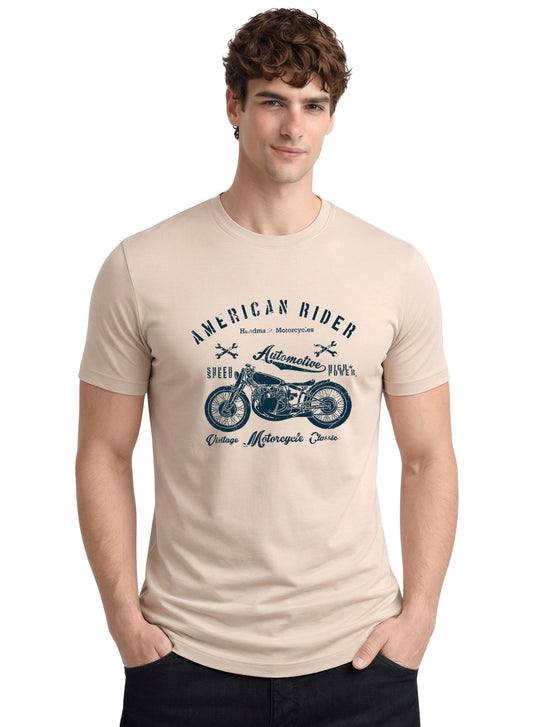 Adro Mens American Rider Printed T-Shirt | 100% Cotton T shirt for Bikers | Stylish Casual Tee Summer Regular Fit Biker Tshirt Beige