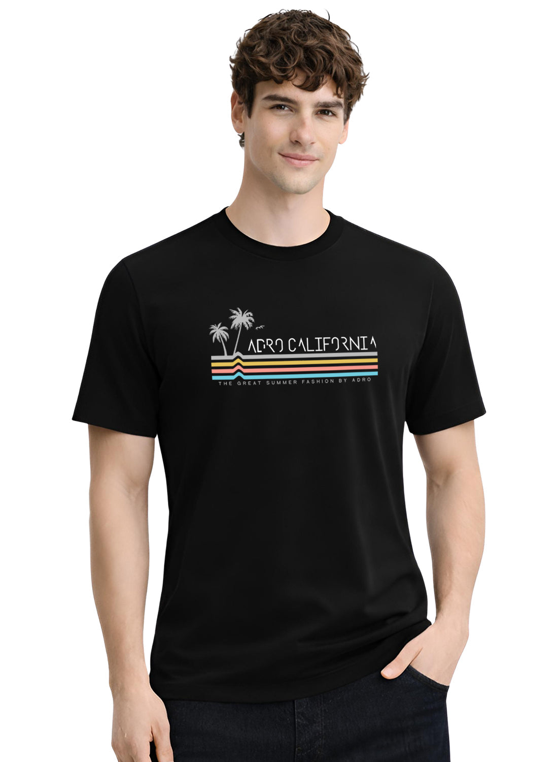 Adro Mens California Graphic T-Shirt | Retro Stripe Print Cotton Summer Tshirt | Stylish Beach T shirt | Comfortable Graphic Tee Black