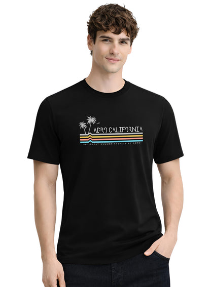 Adro Mens California Graphic T-Shirt | Retro Stripe Print Cotton Summer Tshirt | Stylish Beach T shirt | Comfortable Graphic Tee Black