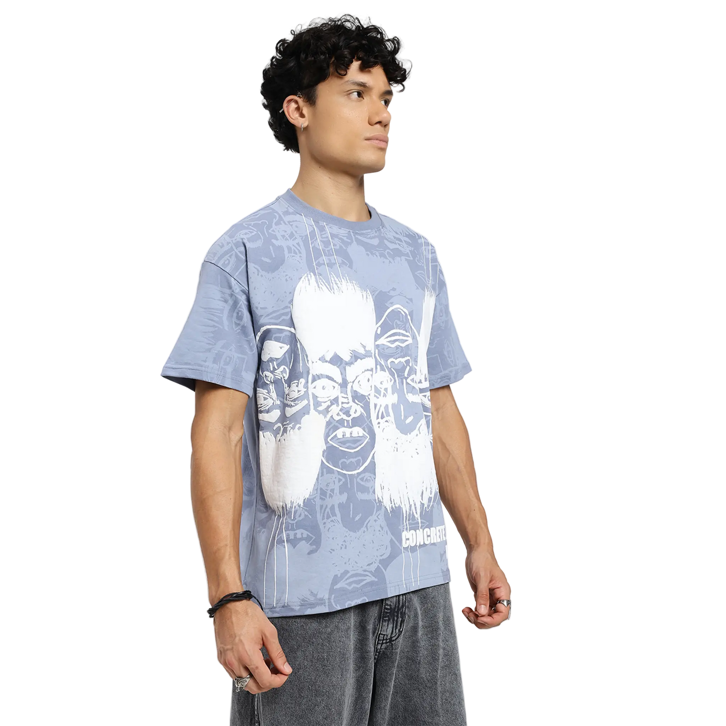 Static Jungle Round Neck Printed Blue T-Shirt FLYAF