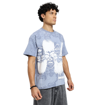 Static Jungle Round Neck Printed Blue T-Shirt FLYAF