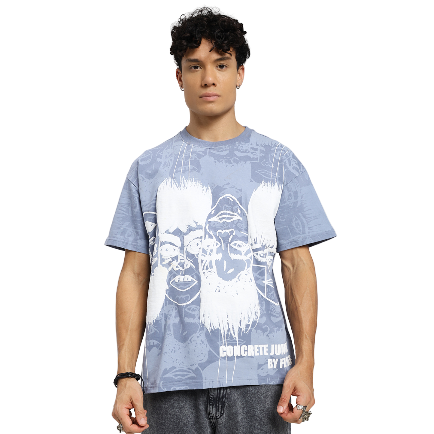 Static Jungle Round Neck Printed Blue T-Shirt