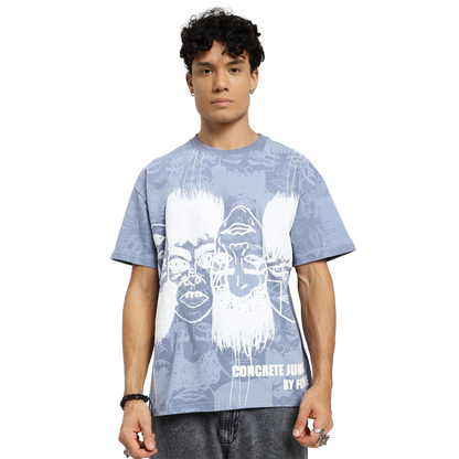 Static Jungle Round Neck Printed Blue T-Shirt