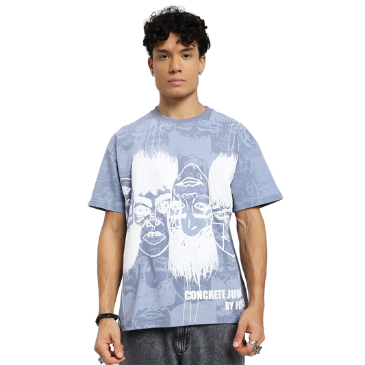 Static Jungle Round Neck Printed Blue T-Shirt