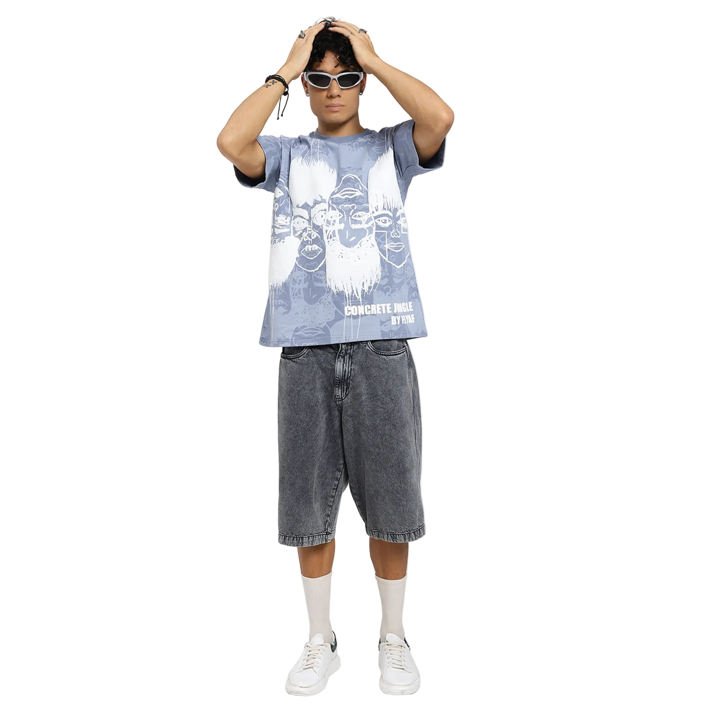 Static Jungle Round Neck Printed Blue T-Shirt FLYAF