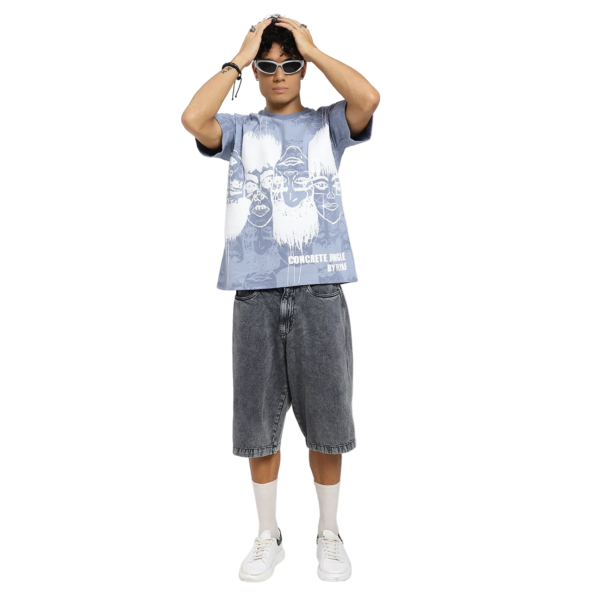 Static Jungle Round Neck Printed Blue T-Shirt FLYAF