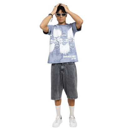 Static Jungle Round Neck Printed Blue T-Shirt FLYAF