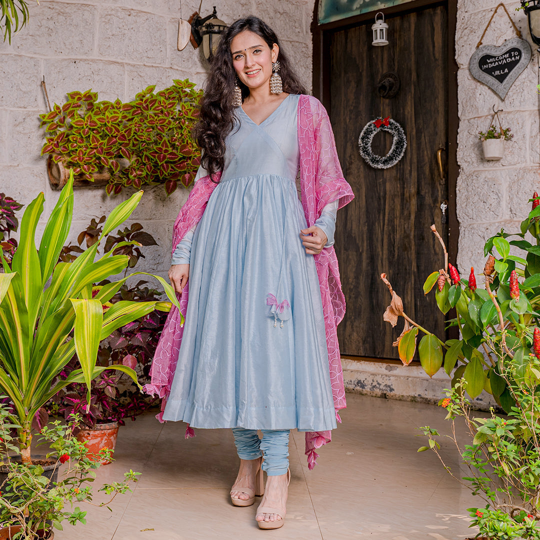 BLUE CHANDERI SUIT SET