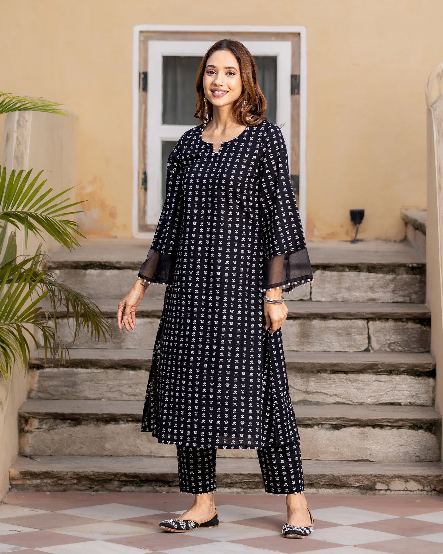 Black Printed Cotton Kurta Set