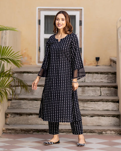 Black Printed Cotton Kurta Set