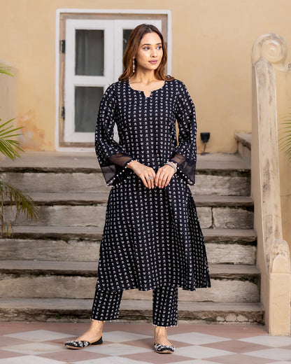 Black Printed Cotton Kurta Set