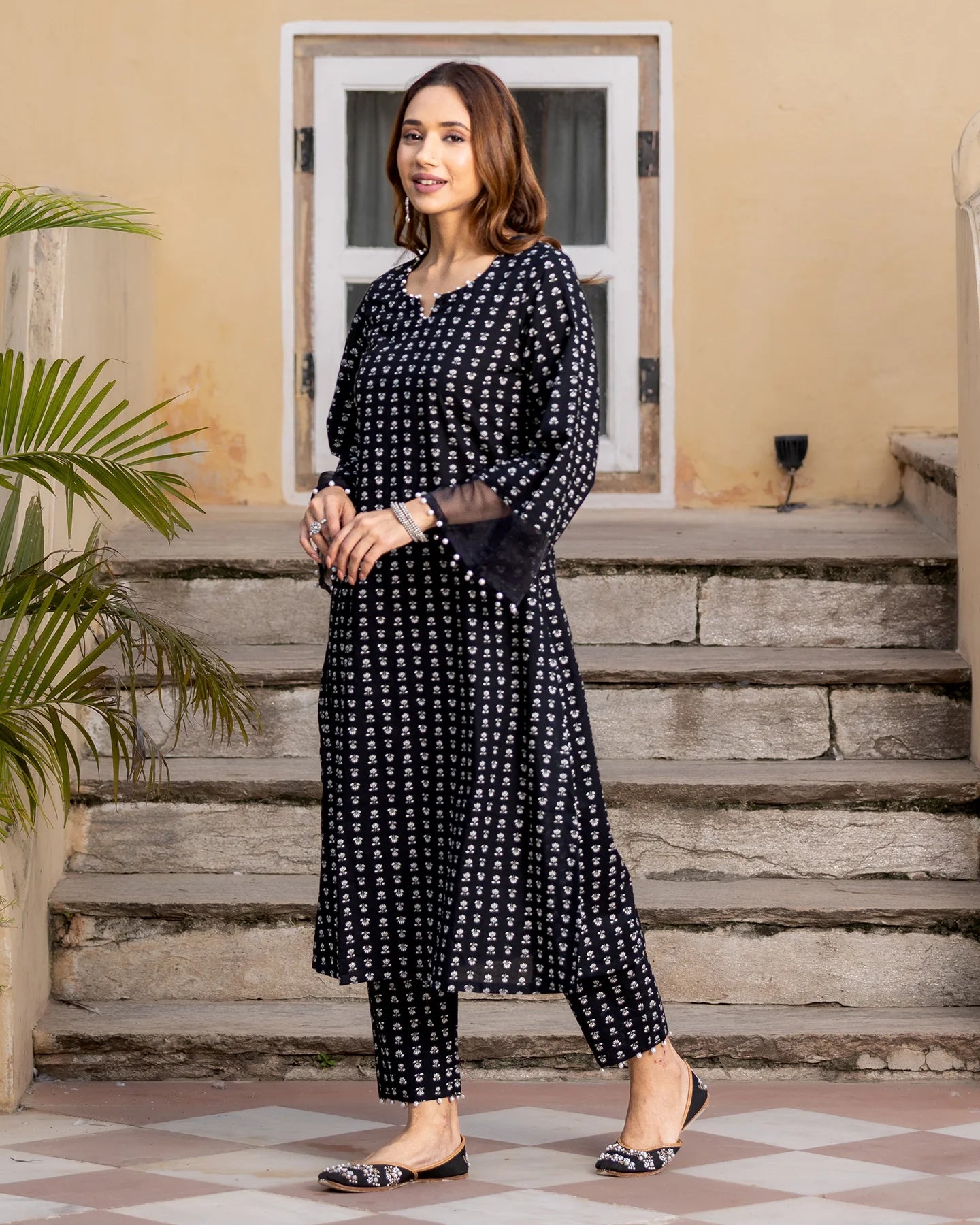 Black Printed Cotton Kurta Set