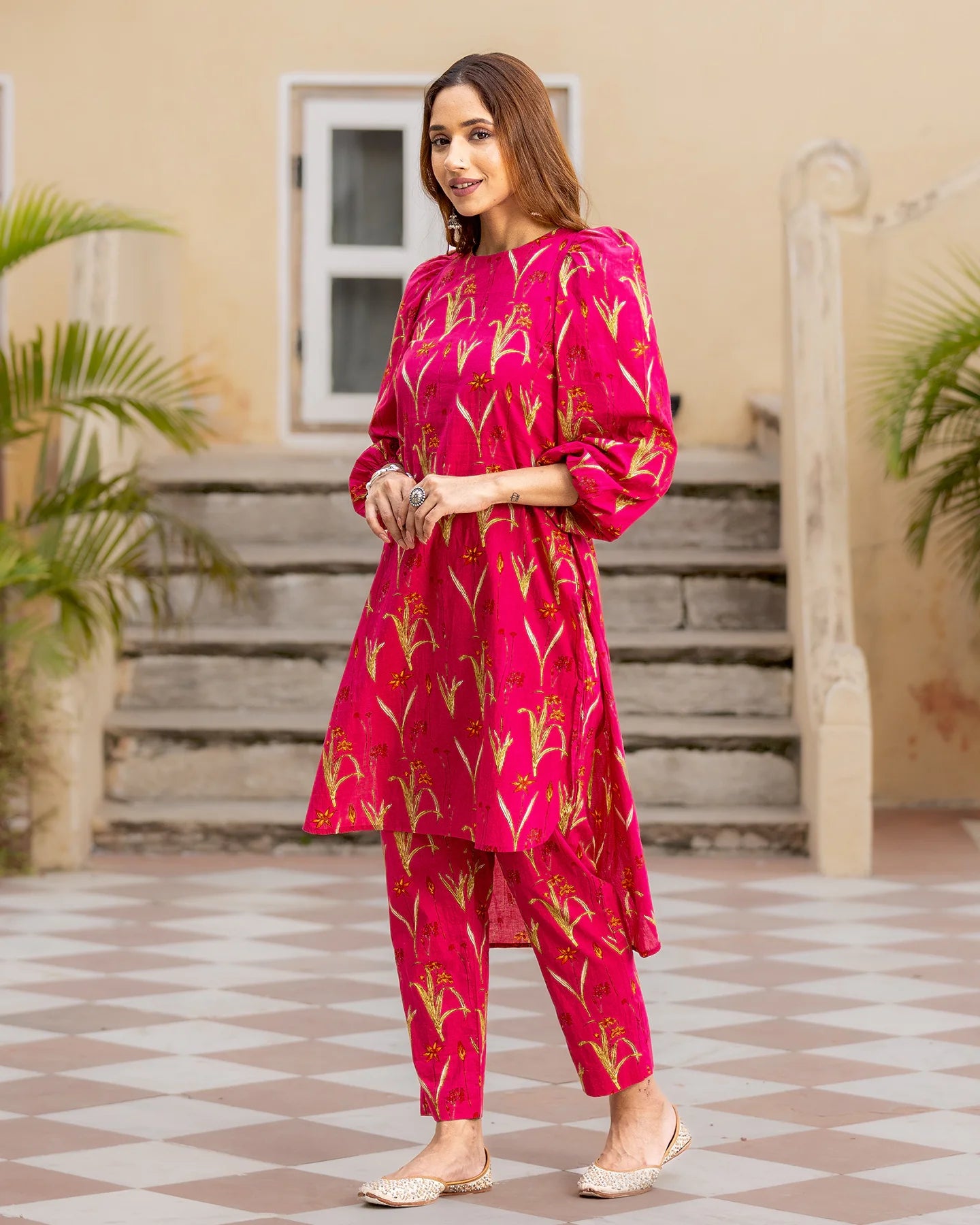 Fuschia Pink Floral Kurta Set