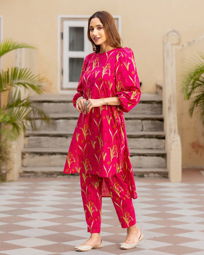 Fuschia Pink Floral Kurta Set