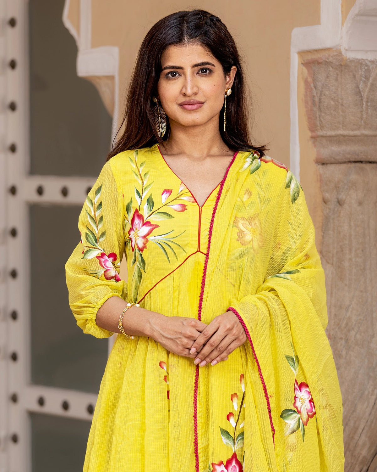 Yellow Handpainted Floral Suit set
