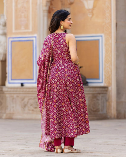 Maroon Bandhej Anarkali Suit Set