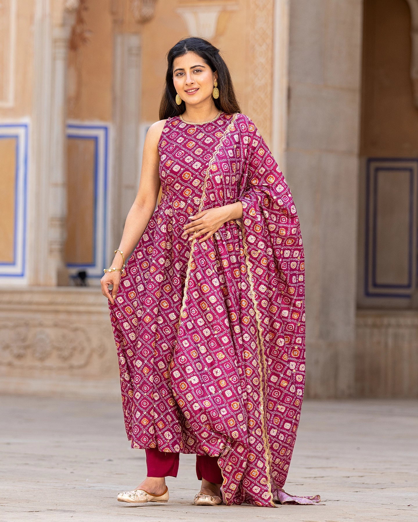 Maroon Bandhej Anarkali Suit Set