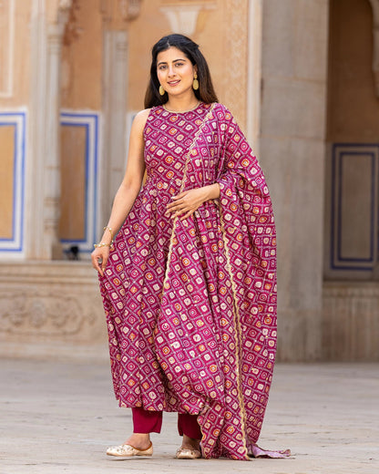 Maroon Bandhej Anarkali Suit Set
