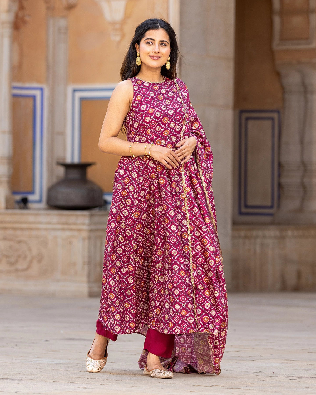 Maroon Bandhej Anarkali Suit Set