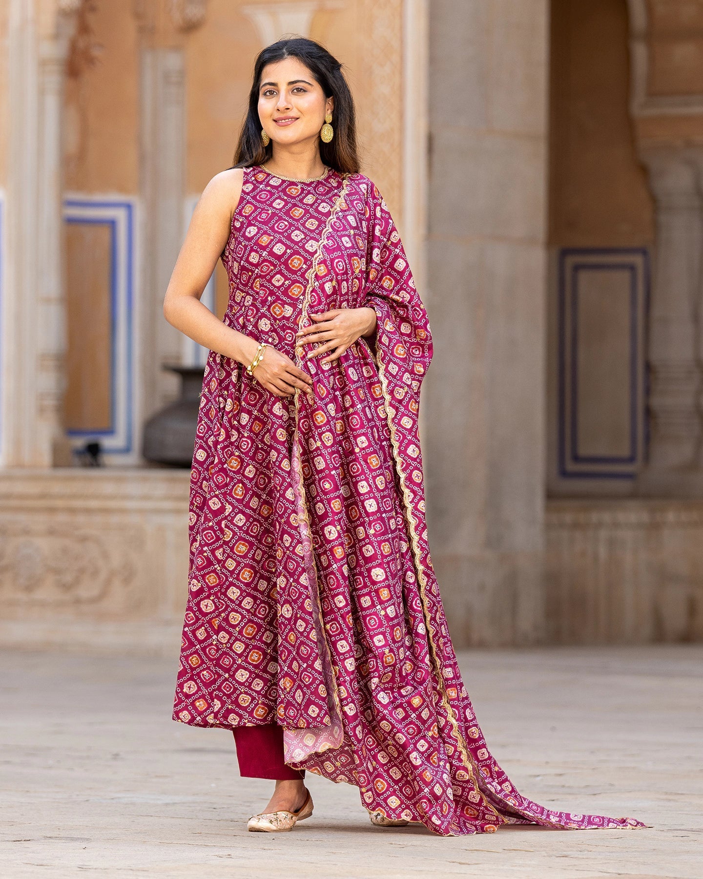 Maroon Bandhej Anarkali Suit Set